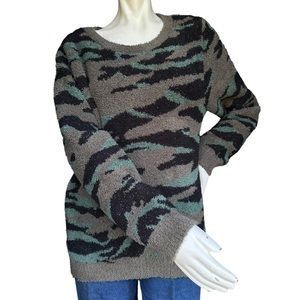 Barefoot Dreams CozyChic Knit Seaside Crewneck Camouflage Print Sweater Large
